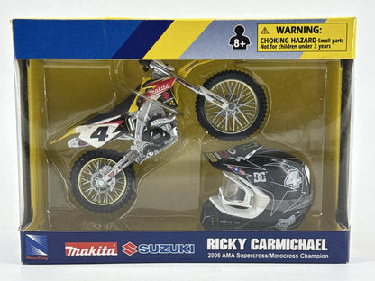 NewRay Ricky Carmichael Makita Suzuki RM-Z450 1:12 Dirt Bike & Helmet – 2006 AMA