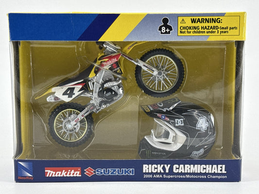 NewRay Ricky Carmichael Makita Suzuki RM-Z450 1:12 Dirt Bike & Helmet – 2006 AMA