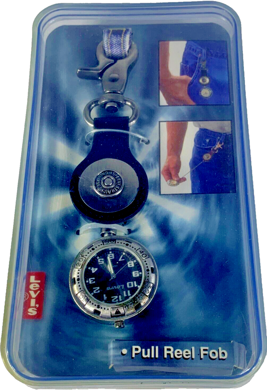 Vintage Levi’s Quartz Watch NOS – Silver Band, Black Strap, Pull Reel Fob! ⌚✨
