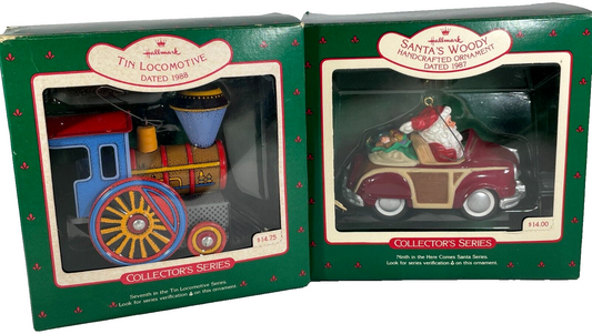 Vintage Hallmark Christmas Ornaments 1987 Tin Locomotive QX484-9 & Santa's Woody