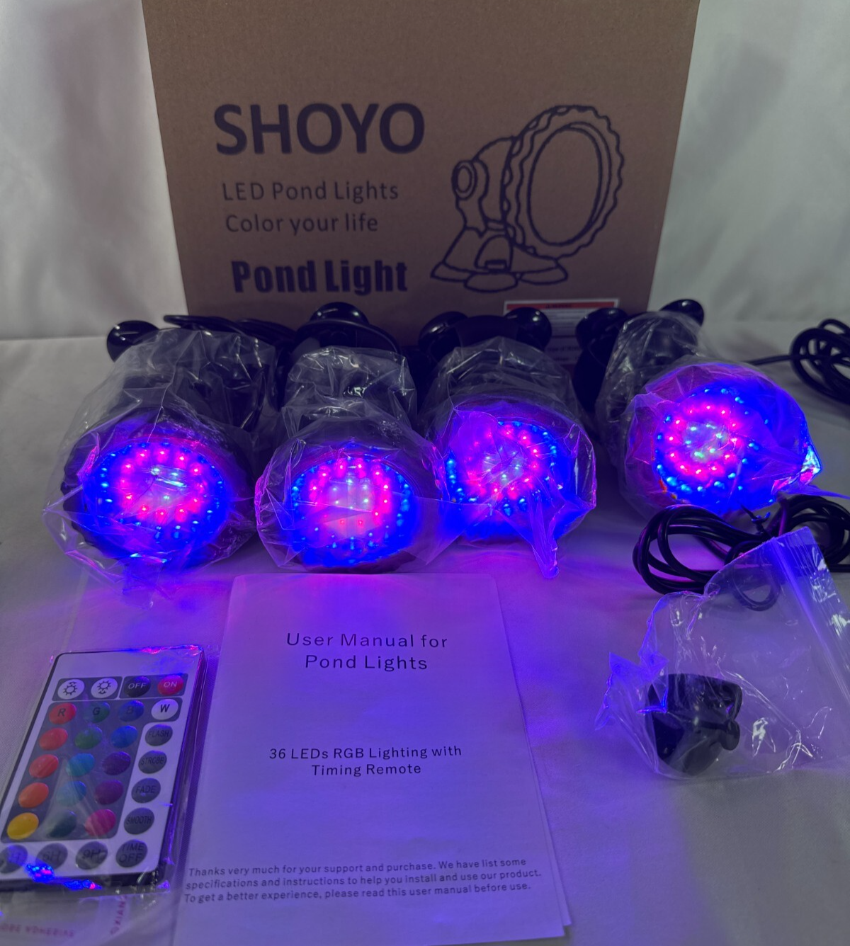 SHOYO RGB LED Pond Lights Waterproof IP68 Remote 16 Color Underwater 4-Pack
