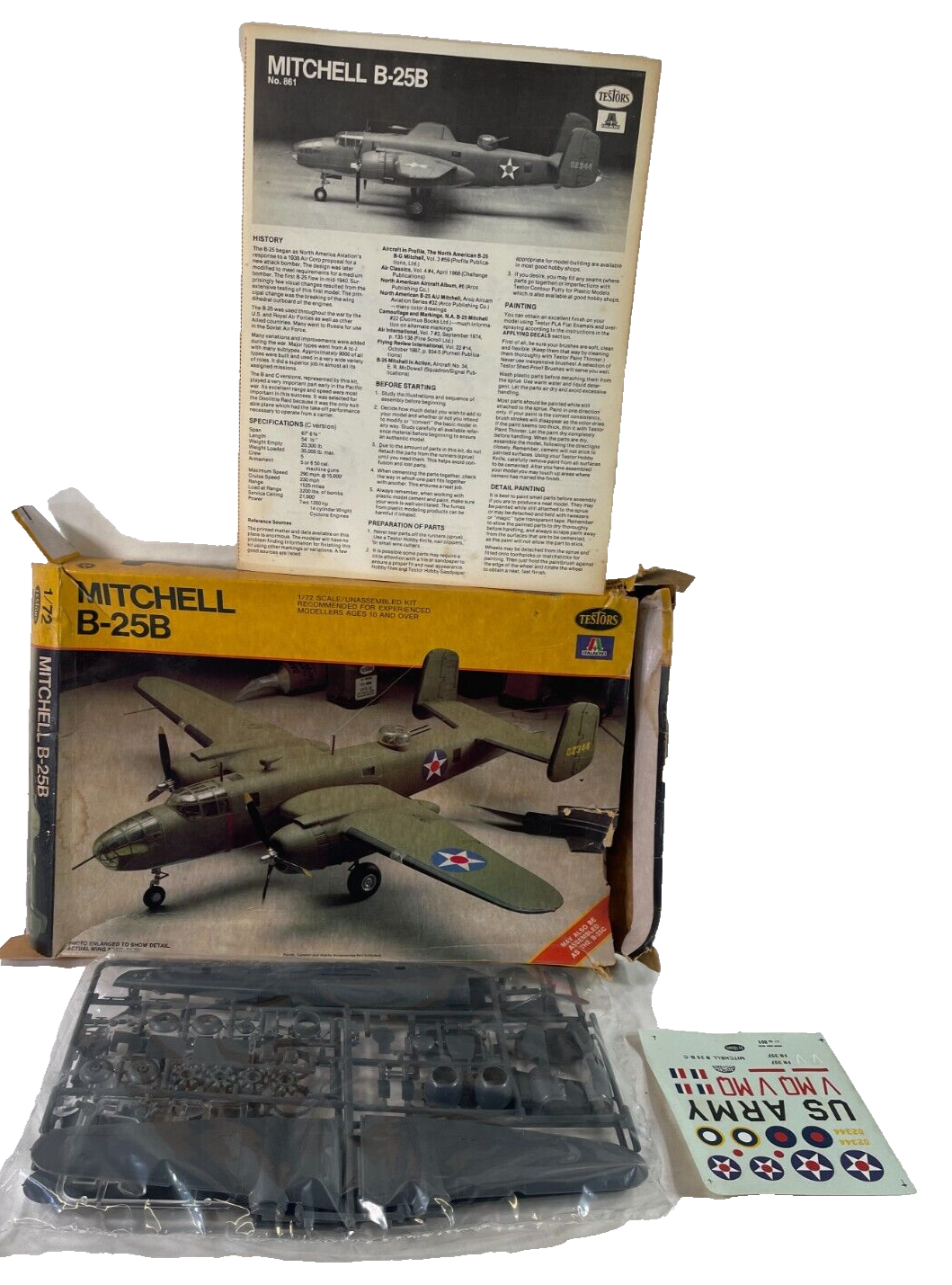 1/72 Testors Italeri Mitchell B-25B WWII US Bomber Model Kit 861 Open Box 2168