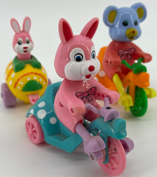 Vintage Wind-Up Trike Toys Lot Bunny Bear Sidecar Easter Pastel 90s Cute Set 3
