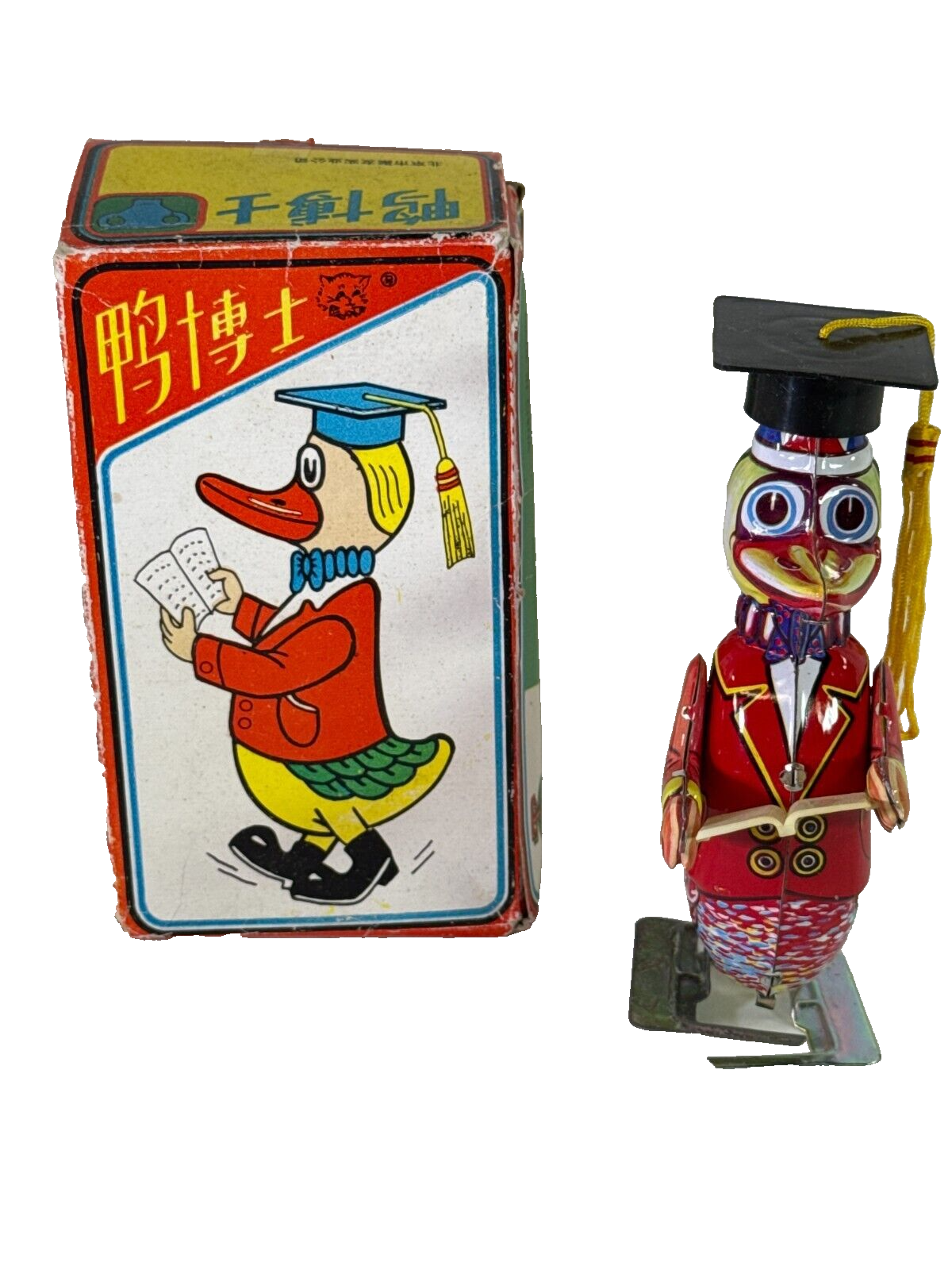 Vintage Dr. Duck Wind-Up Tin Toy Scholar Red Coat Graduation Cap Works 6" Rare