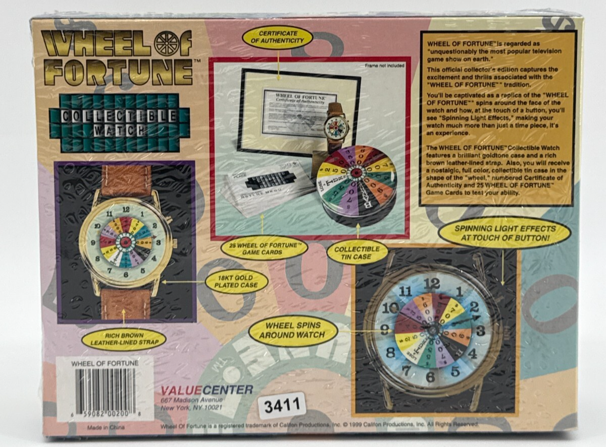Wheel Of Fortune Watch 1990s 18K Gold Plated Spinning Dial Lights Tin Game Cards