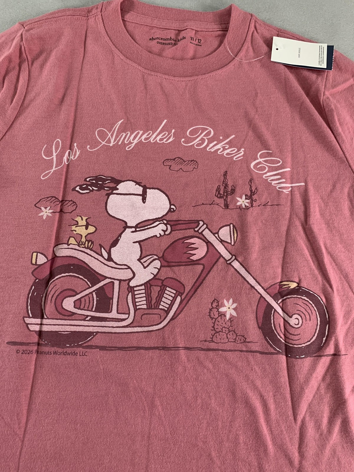 Snoopy Peanuts Shirt Youth 11/12 Pink Abercrombie Kids Biker Graphic Tee