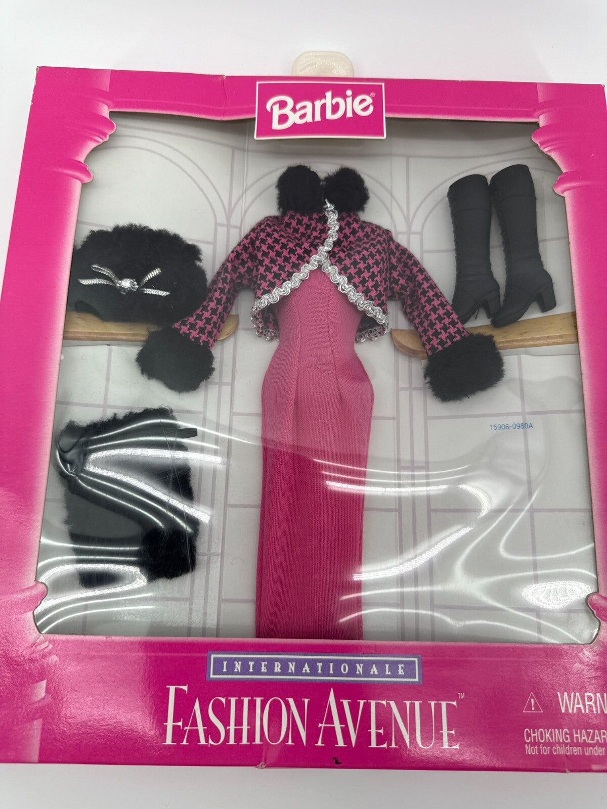 1996 Barbie Fashion Avenue Winter Outfit Pink Dress Fur Trim Coat Boots NRFB