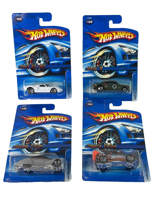 🏁 Hot Wheels 4-Car Lot Ford GT-40 Vairy 8 Swoop Coupe Celica NIP Collector Set!