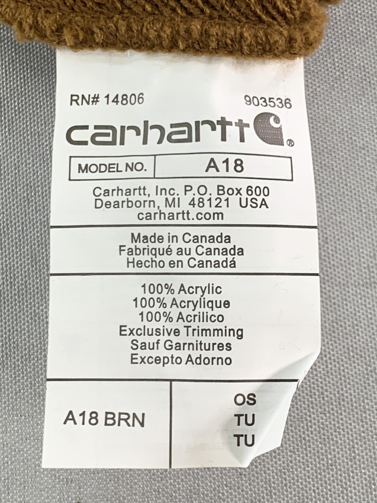 Carhartt Hat Beanie Fitted Mens One Size Brown Knit Cuffed Workwear Winter