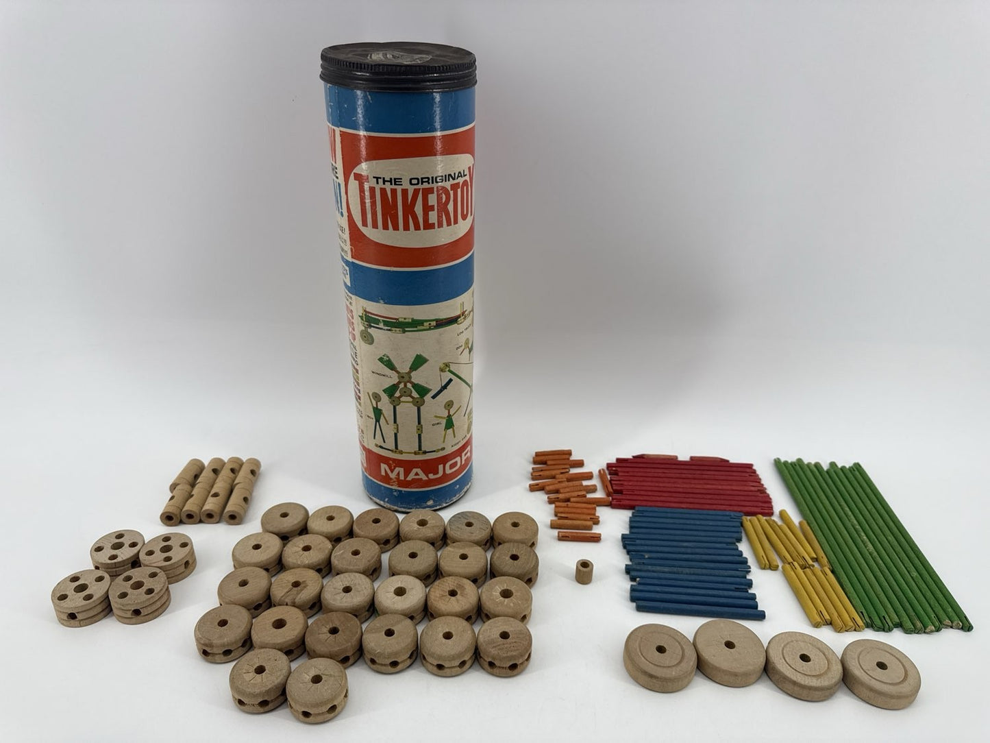 Tinkertoy Major 136 Wood Rods Spools Wheels Toy Building