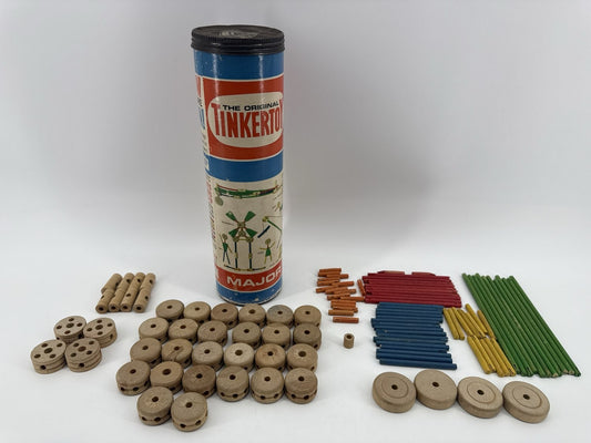 Tinkertoy Major 136 Wood Rods Spools Wheels Toy Building