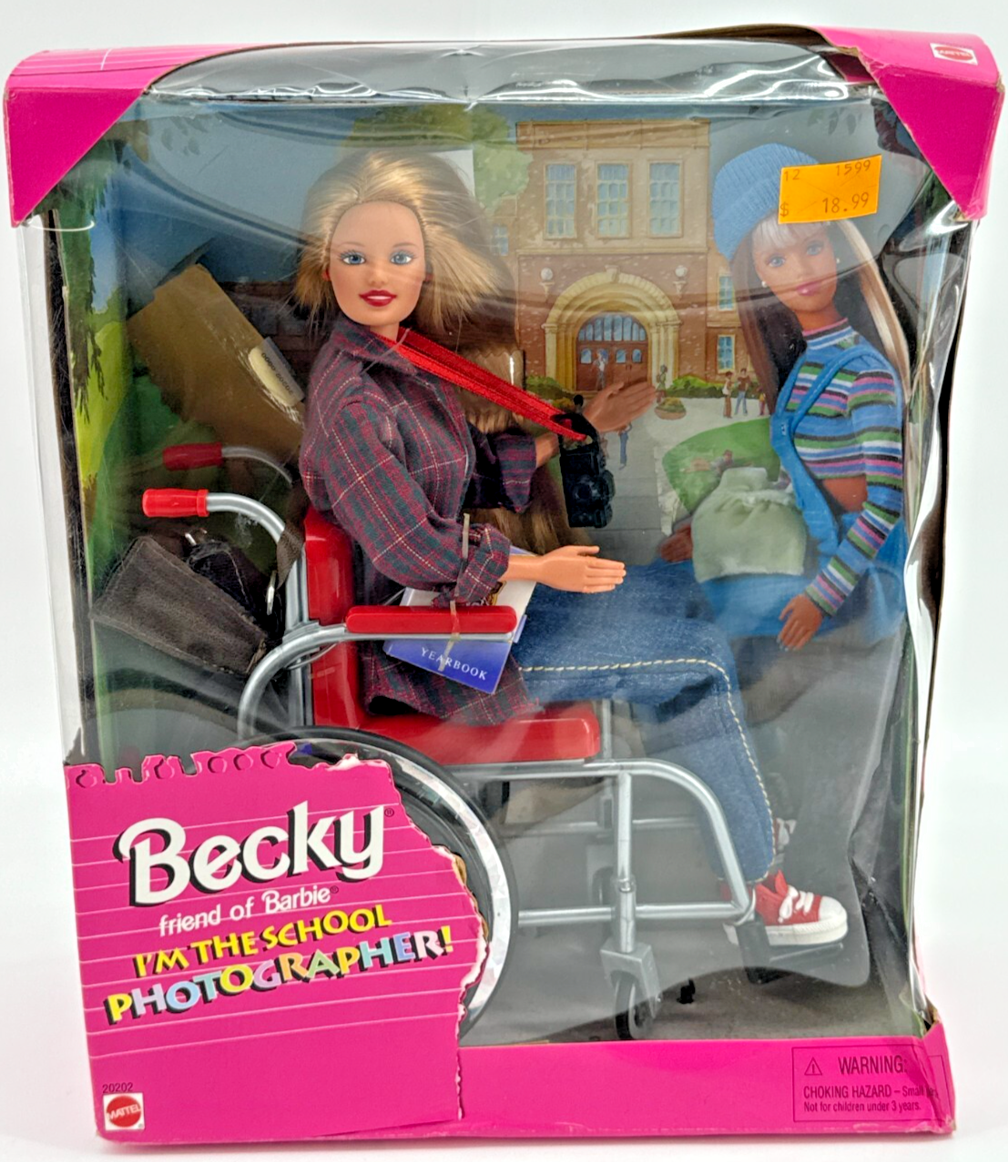 1998 Mattel Becky Barbie Friend School Photographer Doll in Wheelchair NRFB