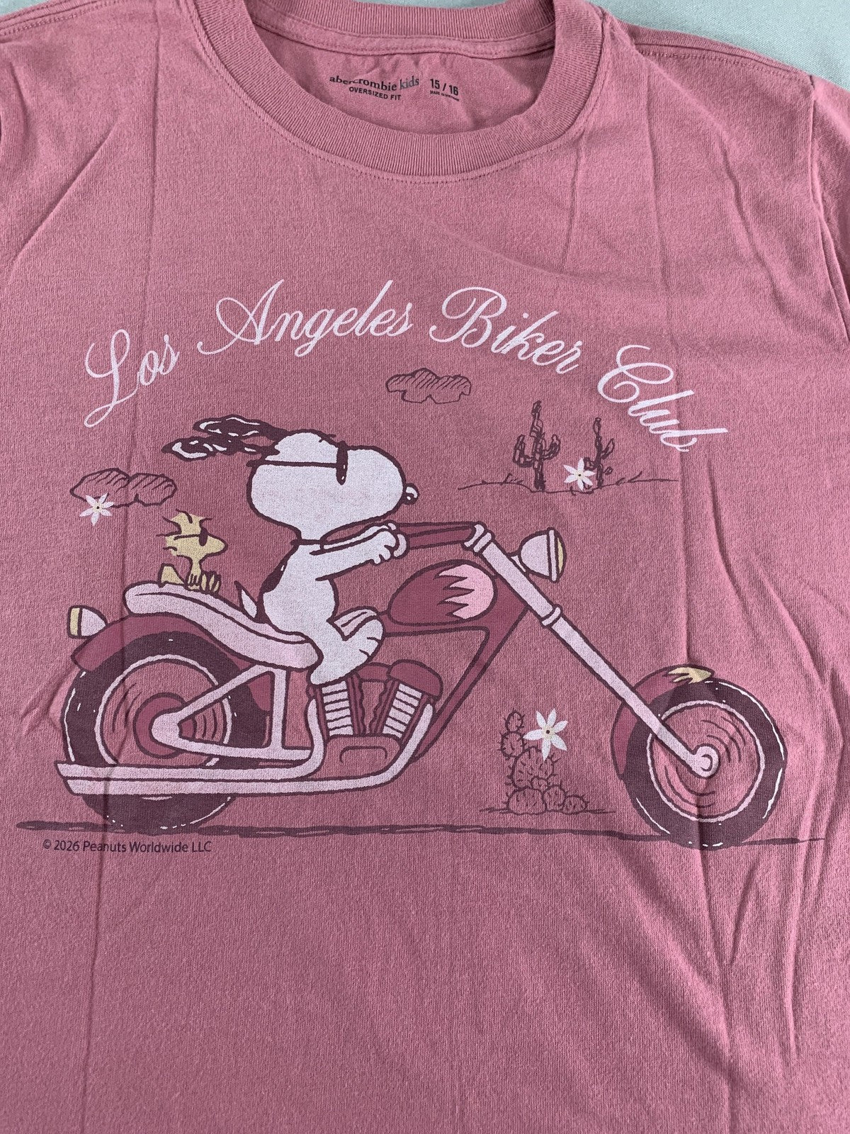 Snoopy Los Angeles Biker Club Shirt Youth 15/16 Pink Abercrombie Kids Graphic