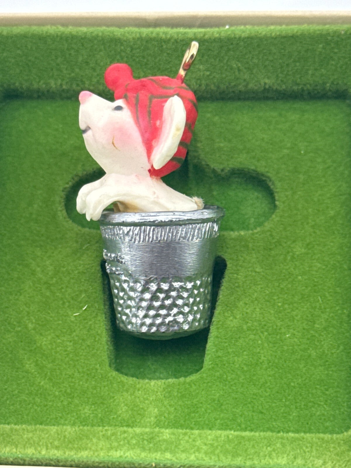 Vintage Hallmark Mouse in Silver Thimble Ornament 1980s Boxed Hong Kong Cute