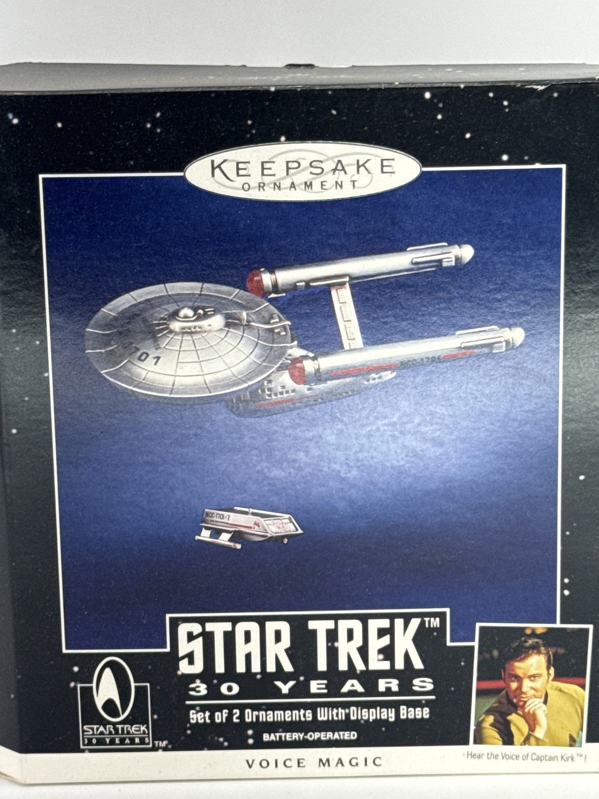 1996 Hallmark Keepsake Ornament Star Trek 30 Years Voice Magic 2pc Set w/ Base