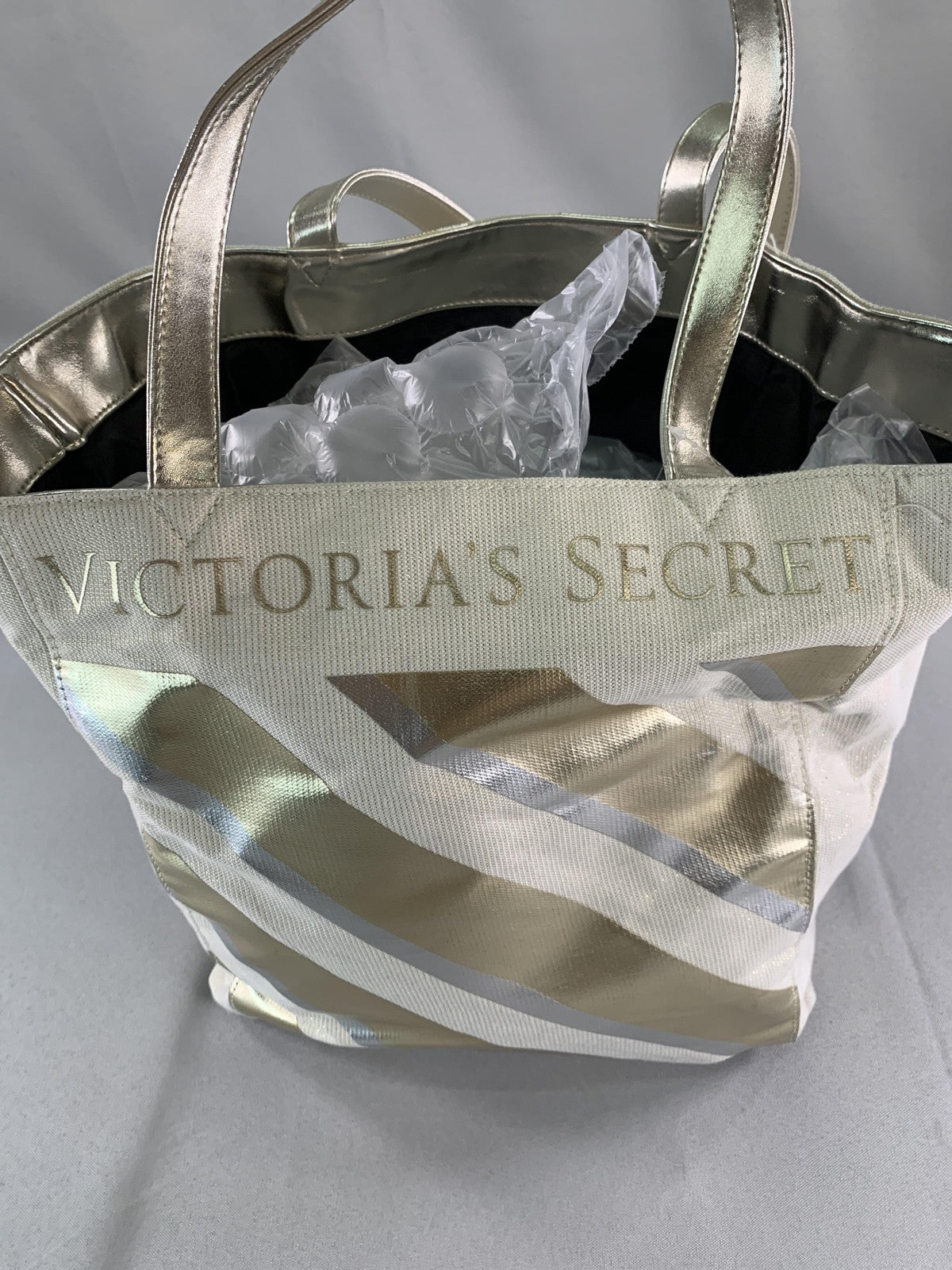 Victoria's Secret Tote Bag Gold Metallic Striped Canvas Shopper New Womens Large