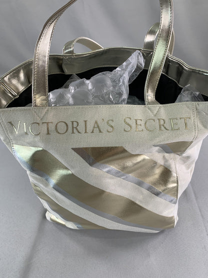 Victoria's Secret Tote Bag Gold Metallic Striped Canvas Shopper New Womens Large