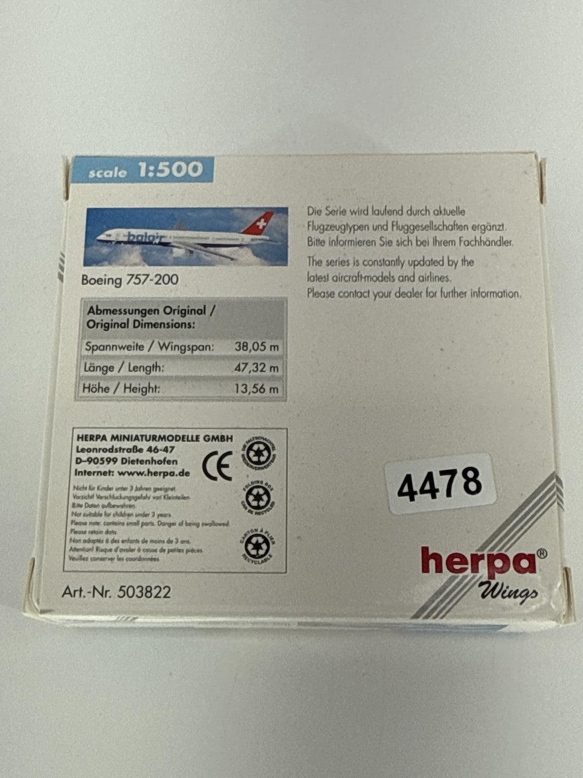 Herpa Wings 1:500 Balair Boeing 757-200 Diecast Aircraft Model
