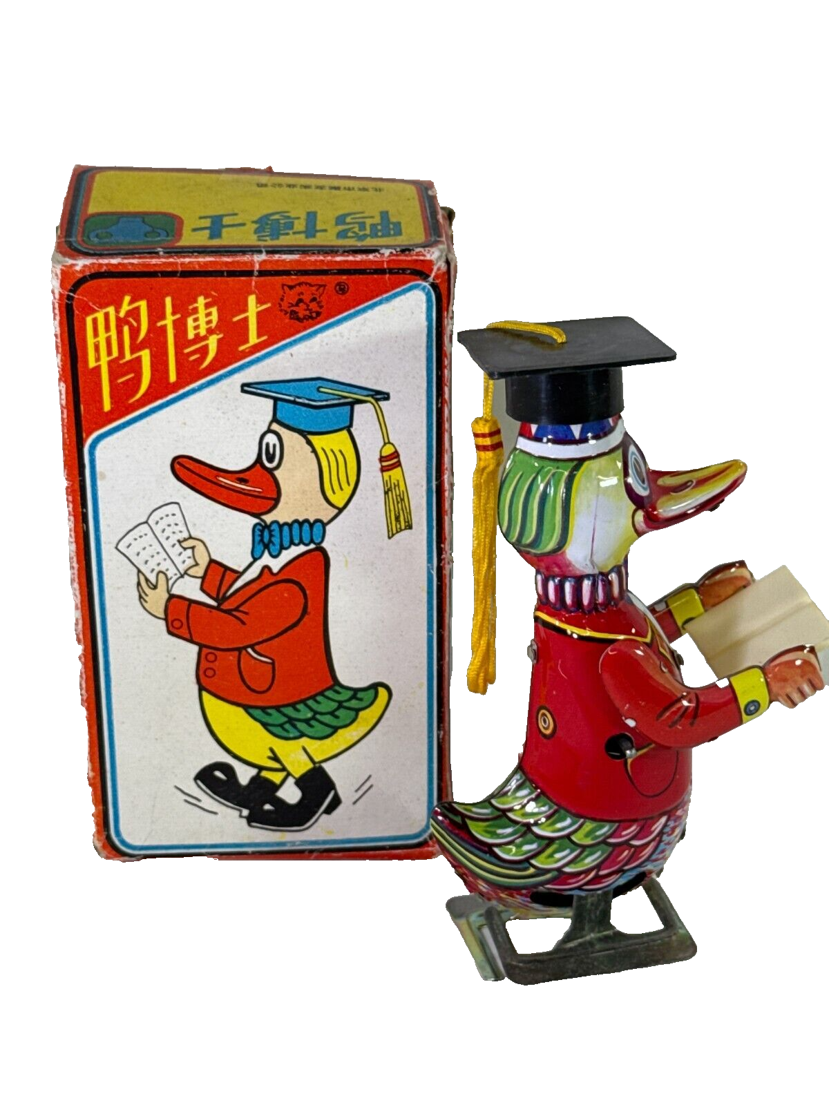 Vintage Dr. Duck Wind-Up Tin Toy Scholar Red Coat Graduation Cap Works 6" Rare