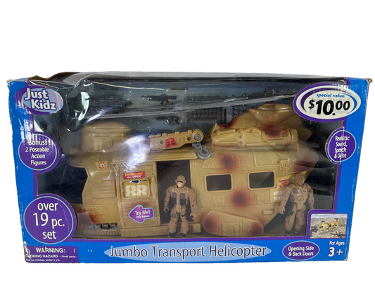 Just Kidz Jumbo Transport Helicopter Playset 19pc Lights Sounds Action Figs MIB