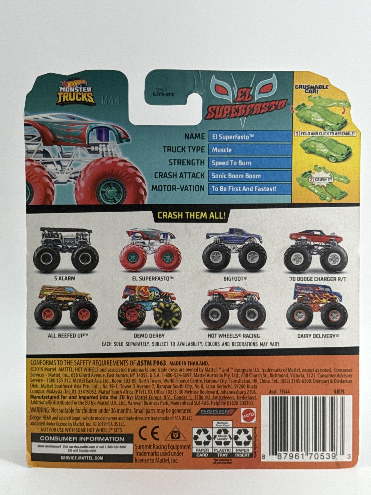 Hot Wheels Monster Trucks El Superfasto 20/75 Red 1:64 Diecast Crushable Car New