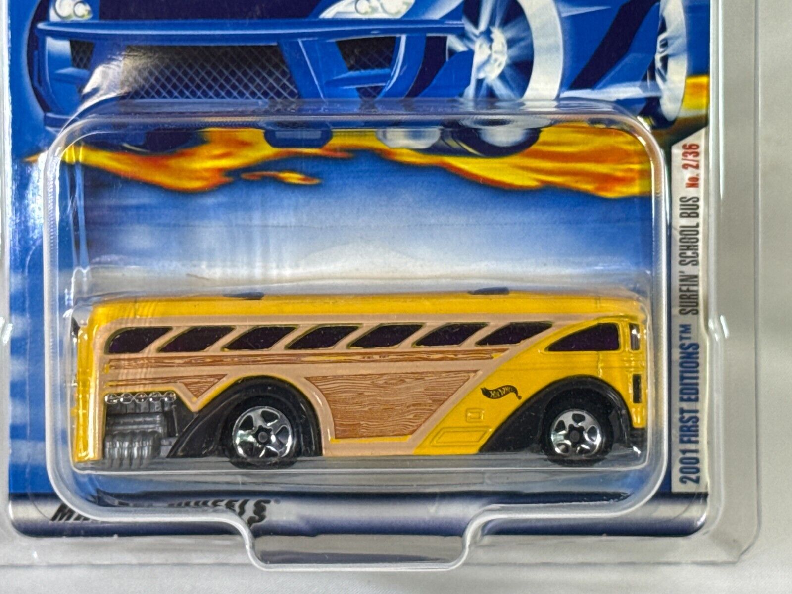 🌊 Hot Wheels 2001 First Editions Surfin’ School Bus #014 Yellow Woodie Style MI