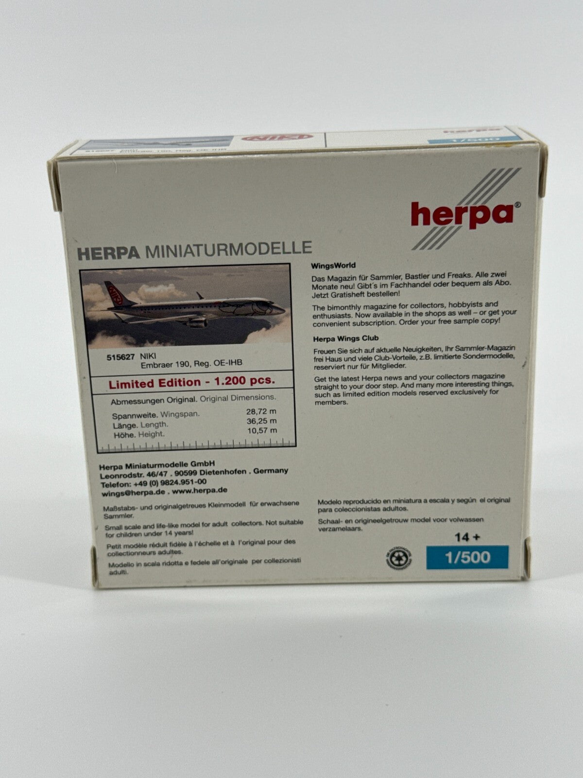 Herpa 1:500 NIKI Embraer 190 Reg OE-IHB Diecast Airplane Model Limited Edition