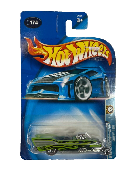 Hot Wheels Wastelanders '57 Chevy Custom Green #174 Flames Chrome Base #1379