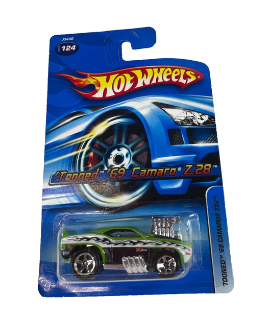 Hot Wheels Tooned '69 Camaro Z28 Black Green Flames Custom Racing Die-Cast