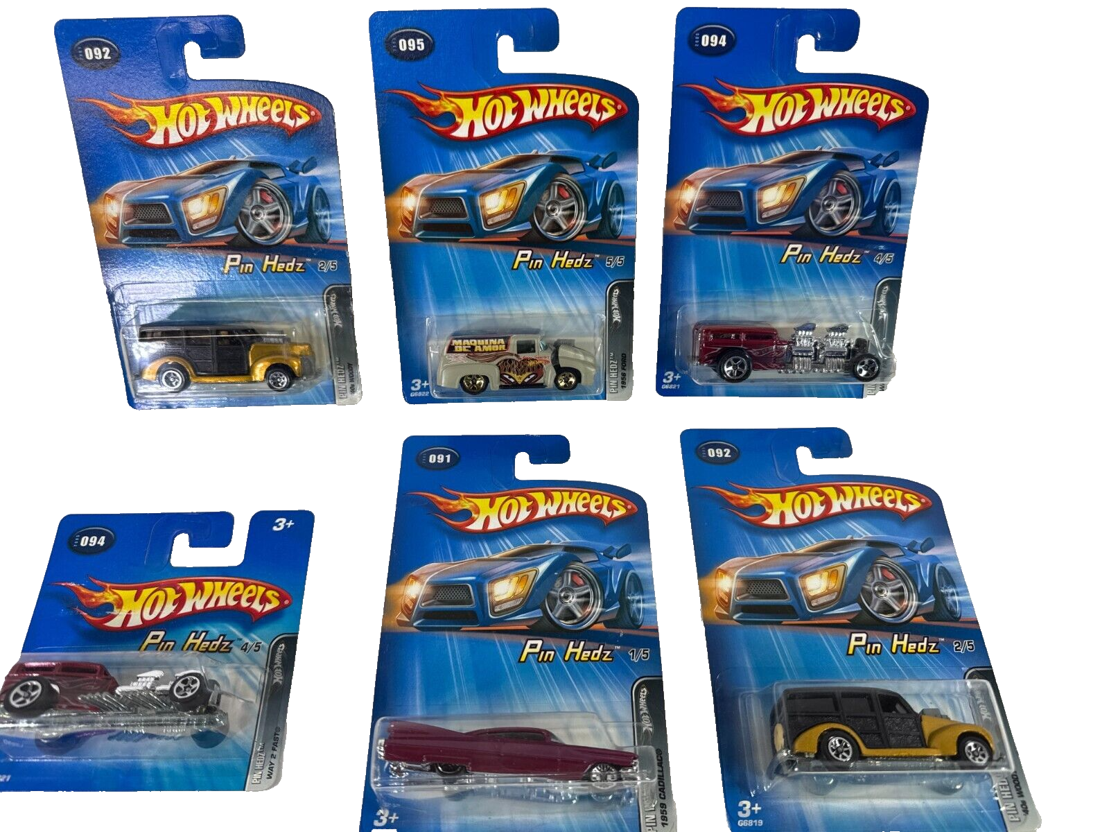 Hot Wheels Pin Hedz Series Lot 6 Cars Complete Set Blue Cards w/ ’59 Cadillac