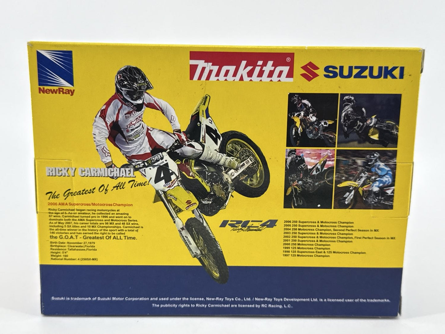 NewRay Ricky Carmichael Makita Suzuki RM-Z450 1:12 Dirt Bike & Helmet – 2006 AMA