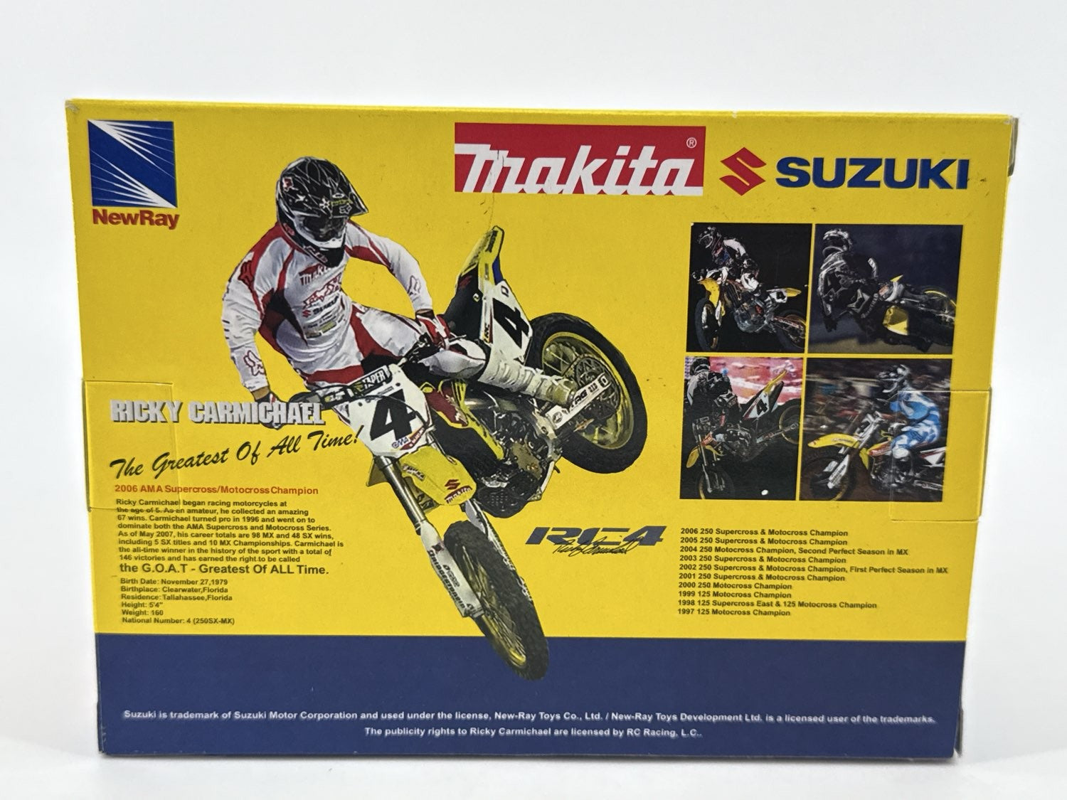 NewRay Ricky Carmichael Makita Suzuki RM-Z450 1:12 Dirt Bike & Helmet – 2006 AMA