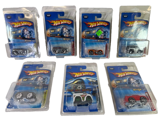 🔥 Hot Wheels Blings 2005 Series Lot of 7 Die-Cast Cars Chrome Wheels MINT Seale