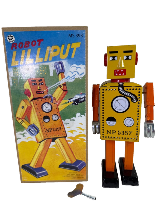 Schylling Lilliput Wind-Up Tin Robot NP5357 Yellow Retro Toy w/ Key & Box