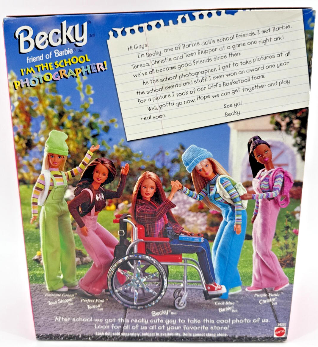 1998 Mattel Becky Barbie Friend School Photographer Doll in Wheelchair NRFB