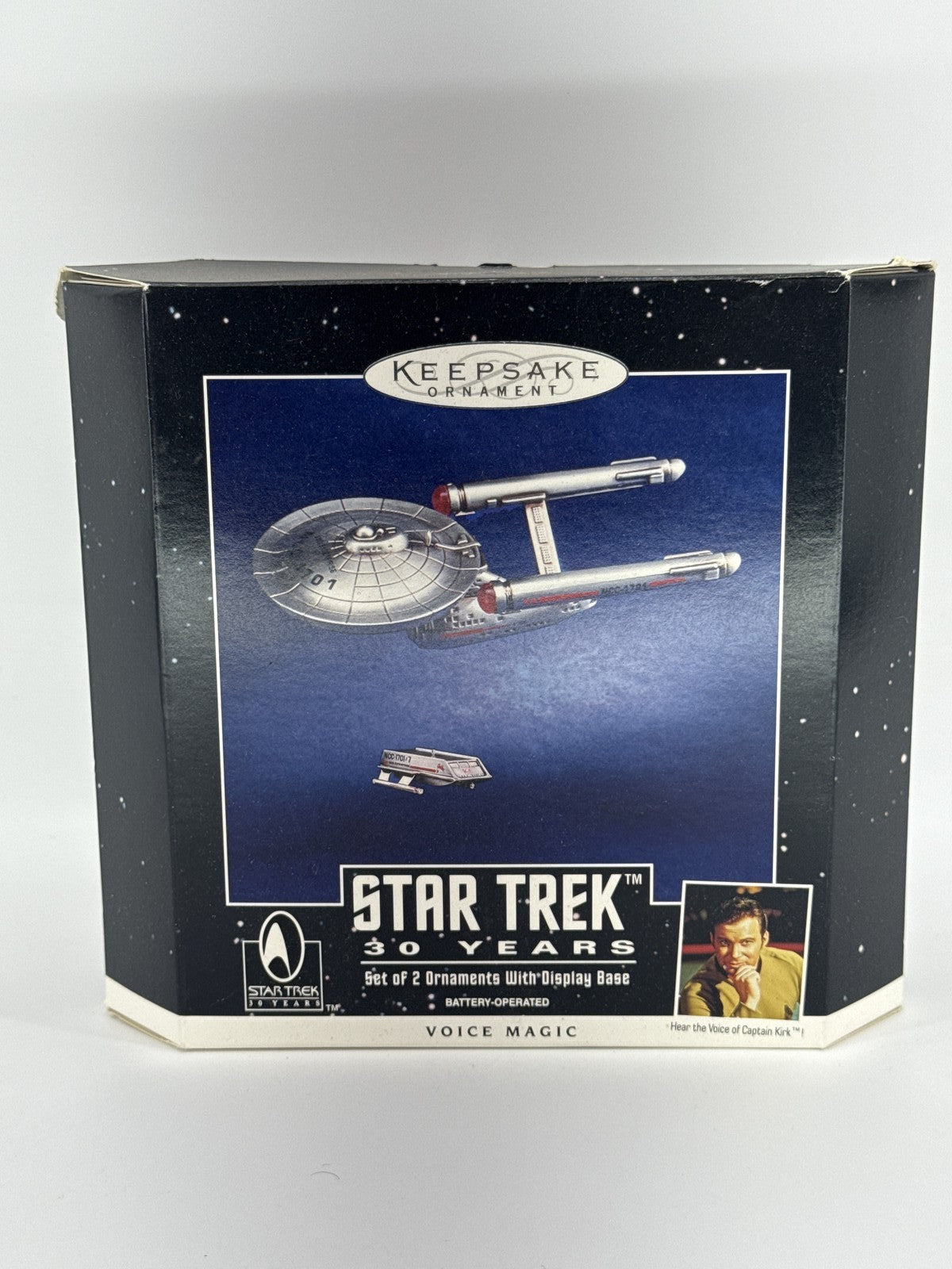 1996 Hallmark Keepsake Ornament Star Trek 30 Years Voice Magic 2pc Set w/ Base