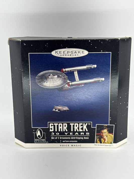 1996 Hallmark Keepsake Ornament Star Trek 30 Years Voice Magic 2pc Set w/ Base