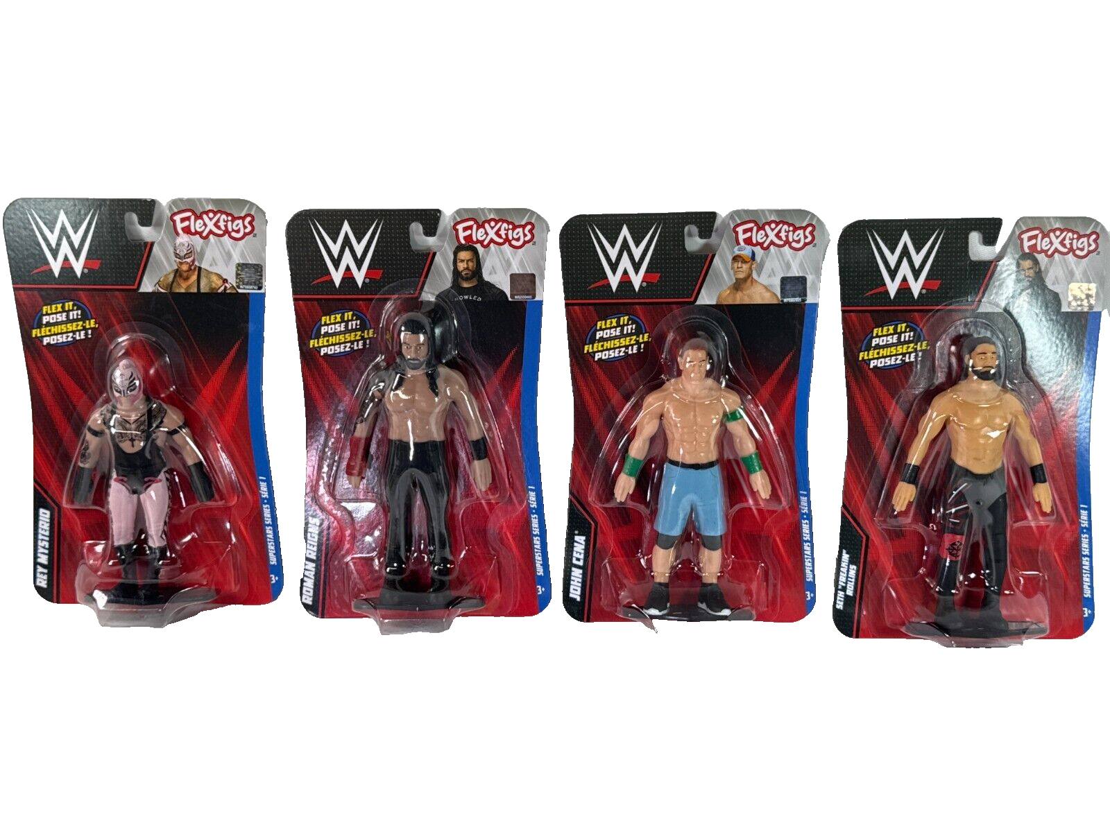 WWE FleXfigs Complete Set of 4 Cena Reigns Rollins Mysterio Mattel New HTF