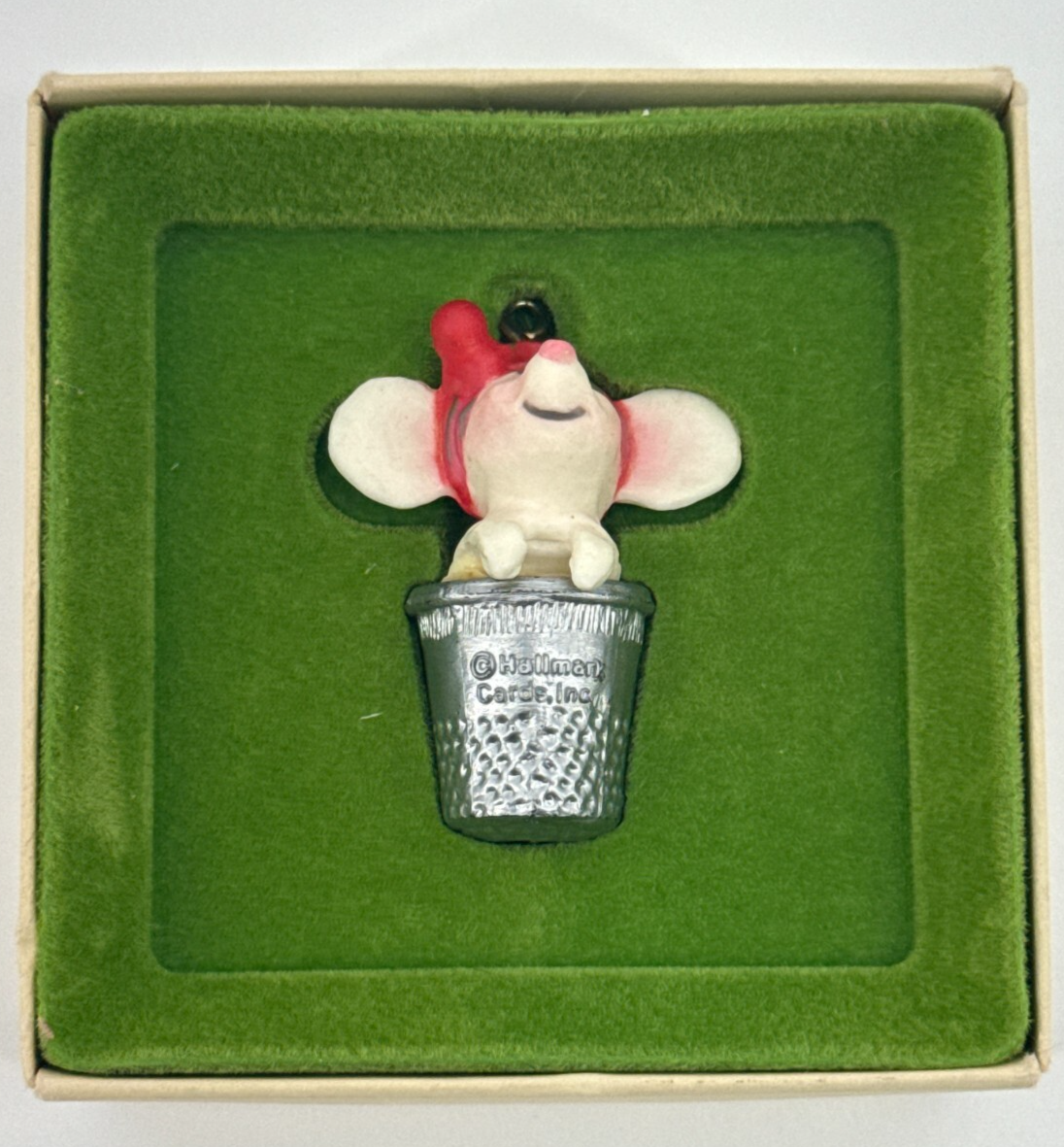 Vintage Hallmark Mouse in Silver Thimble Ornament 1980s Boxed Hong Kong Cute