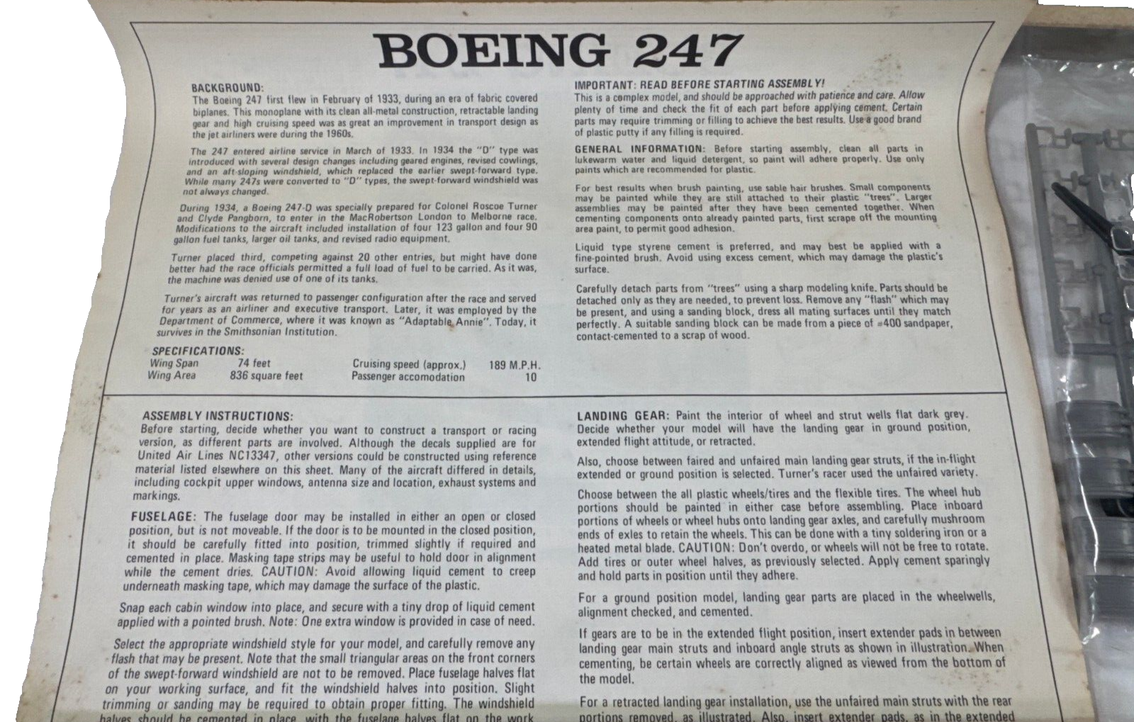 Williams Bros Boeing 247 Airliner 1/72 Scale Model Kit #72-247 Open Box
